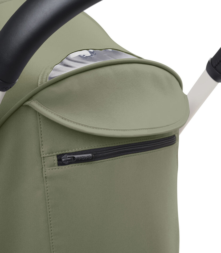 Stokke® YOYO3® 6+ Olive. White Frame. Canopy ventilation closed, close-up. galery image 5